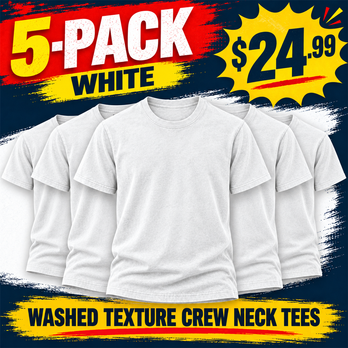 Men's Washed Embossed Crew-Neck T-Shirt - 5-Piece White Set