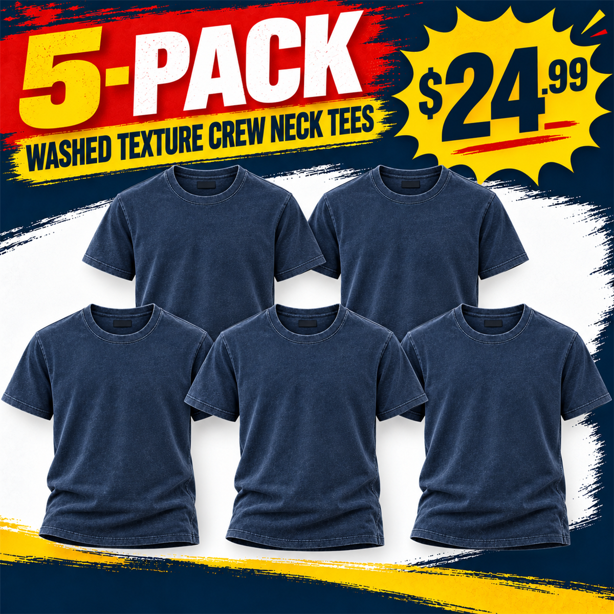 Men's Washed Embossed Crew-Neck T-Shirt - 5-Piece Navy Set