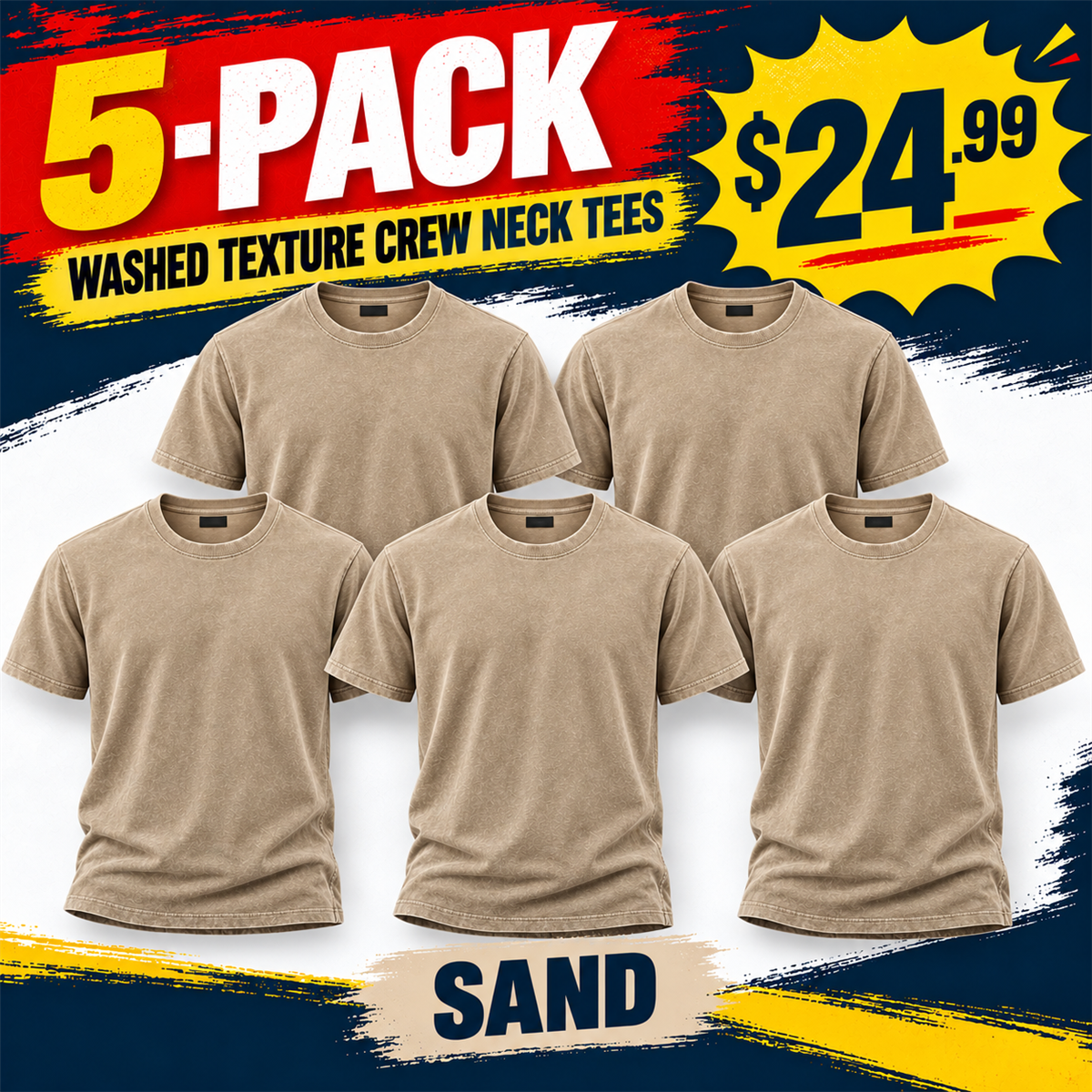 Men's Washed Embossed Crew-Neck T-Shirt - 5-Piece Sand Set