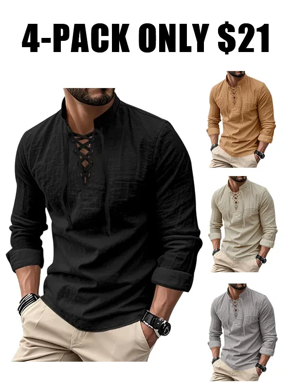 Men's Linen Casual Long Sleeve Polo Shirt
