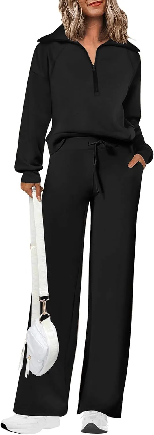 Women's 2 Piece Outfits Casual Lapel Half Zip Sweatshirts And Wide Leg Pants Tracksuit Sets