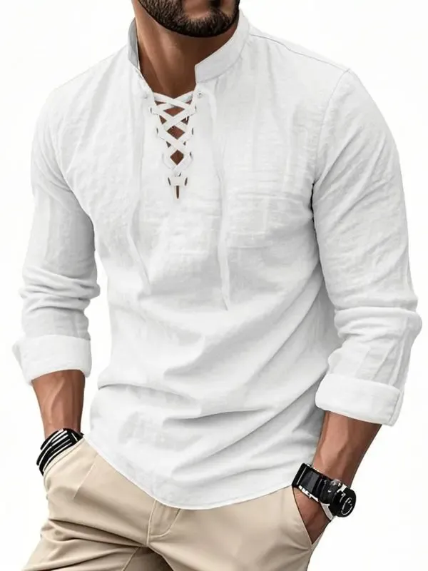 Men's Linen Casual Long Sleeve Polo Shirt