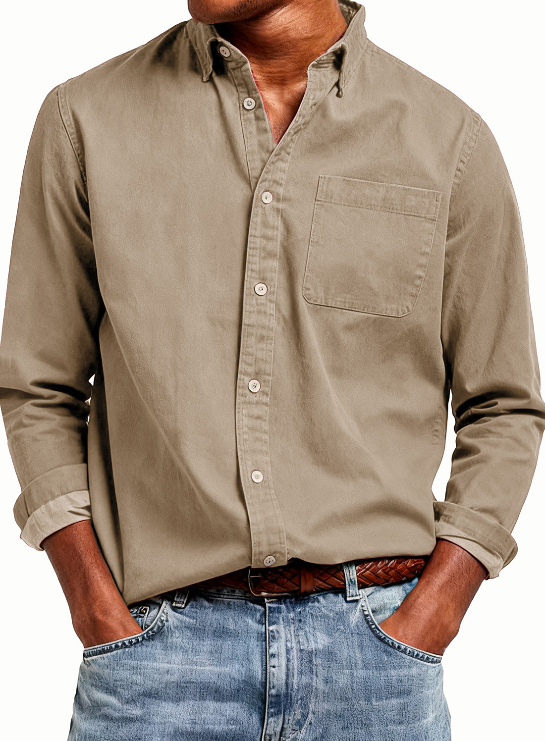 Men's Fashion Retro Pure Cotton Pocket Collar Long-Sleeve Shirt