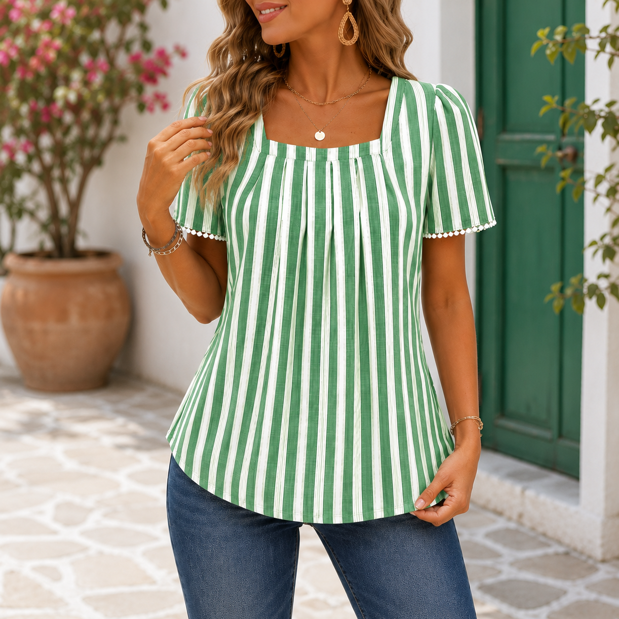 Women’s Fashion Casual Striped Square Neck Short Sleeve Blouse