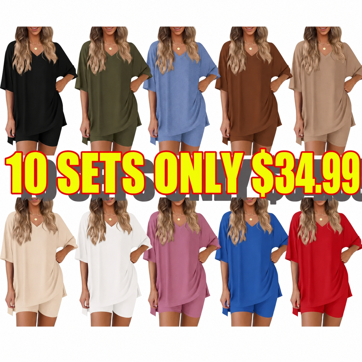 🔥Women's Casual Loose-fitting Two-Piece Set (Crew Neck/V-Neck) 🔥 10-Piece Set - Includes All Colors, Only $34.99