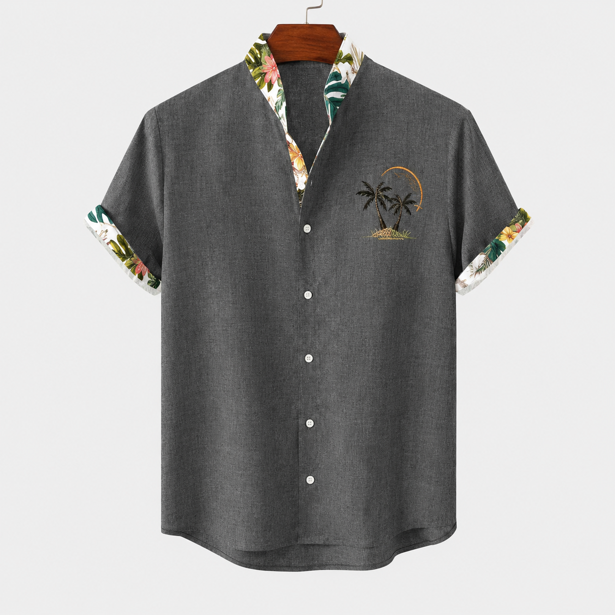 Men’s Casual Short Sleeve Button Shirt with Tropical Trim