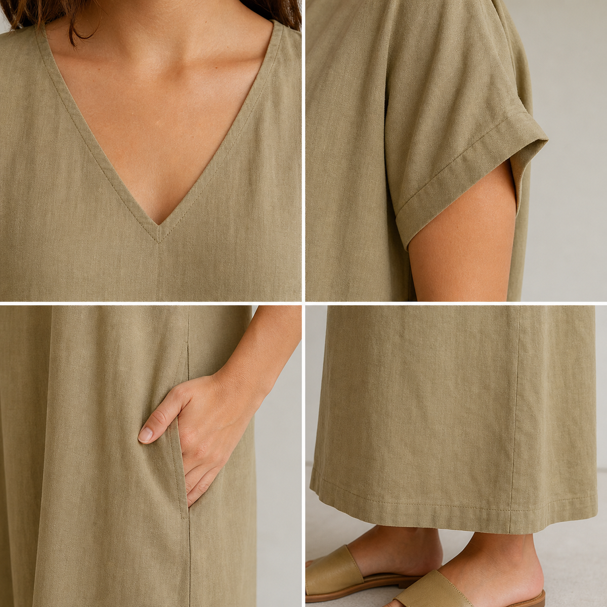 5tu0724001 V-neck sleeve pocket hem cotton-linen look fabric details