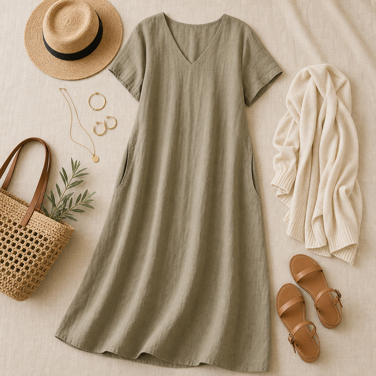 5tu0724001 V-neck pocket maxi dress outfit styling flat lay