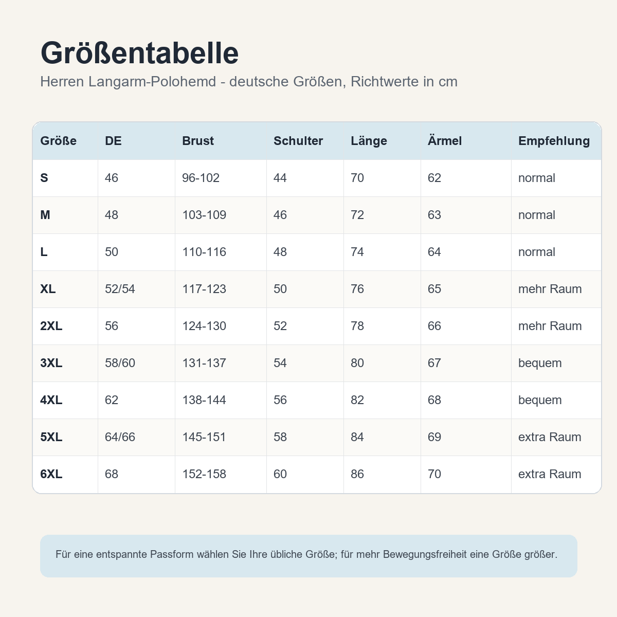 5tu0725001 Herren Polohemd deutsche Größentabelle S bis 6XL