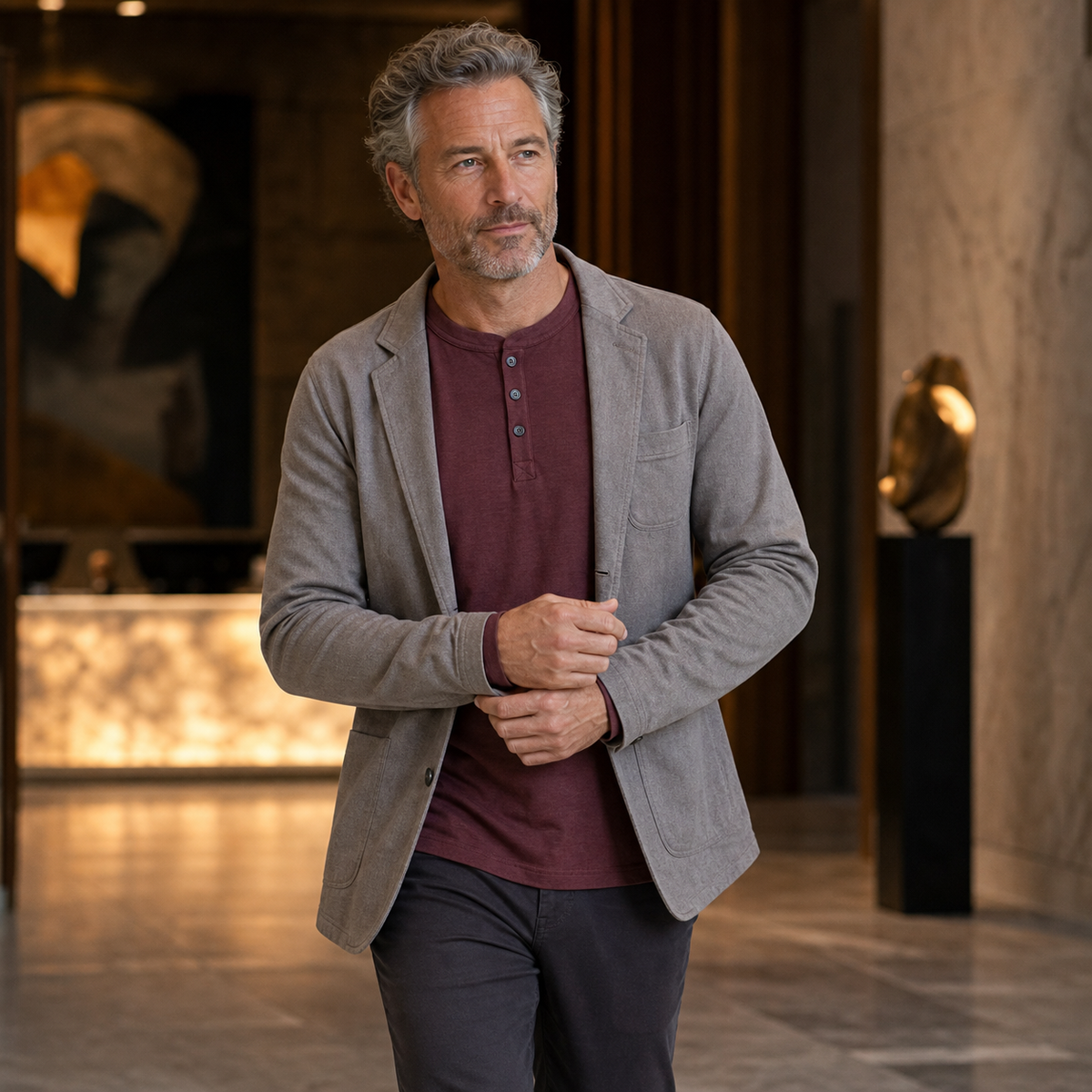 Reifer Mann im bordeauxroten Henley-Shirt mit leichter Jacke