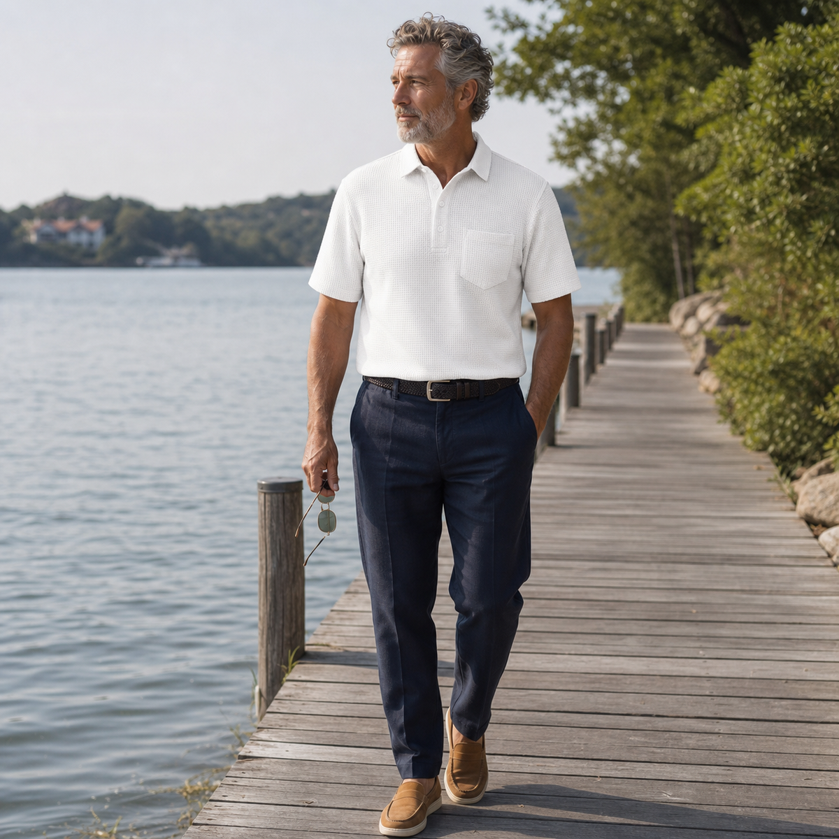 5tu0730001 polo pour homme blanc au bord du lac