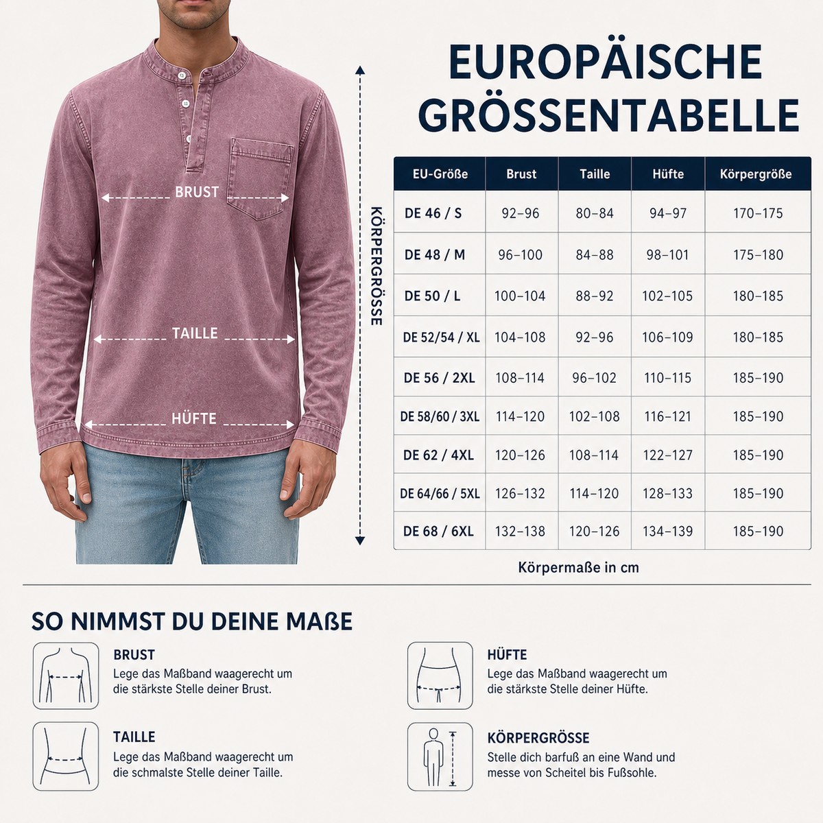 5tu0731002 europäische Herren Langarm Henley Größentabelle DE 46 bis DE 68