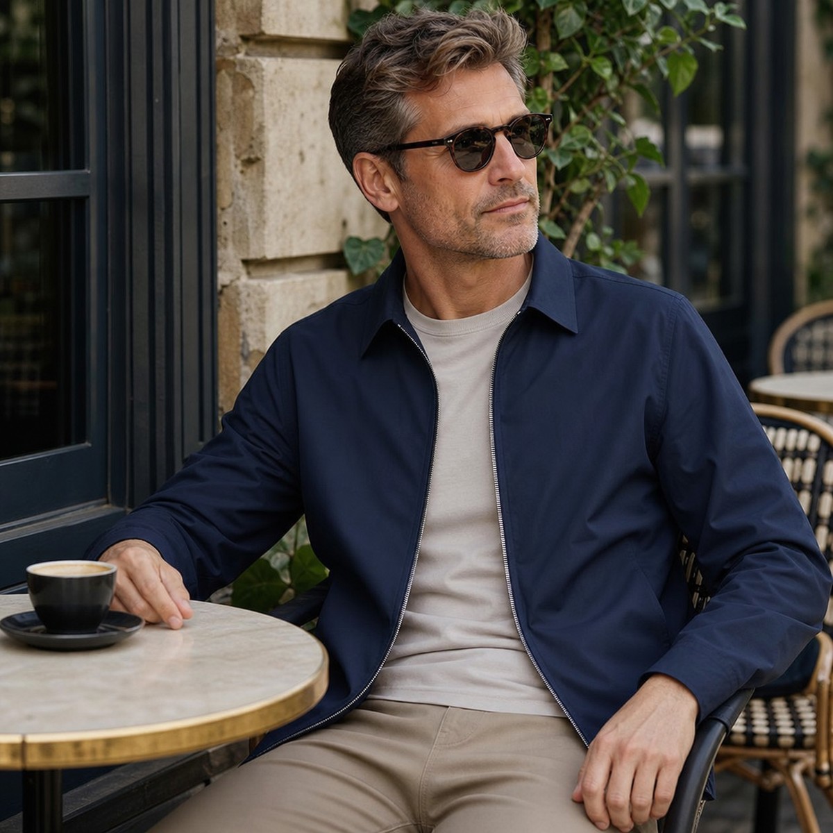 5tu0731003 marineblaue Herren Reißverschluss Hemdjacke im Café