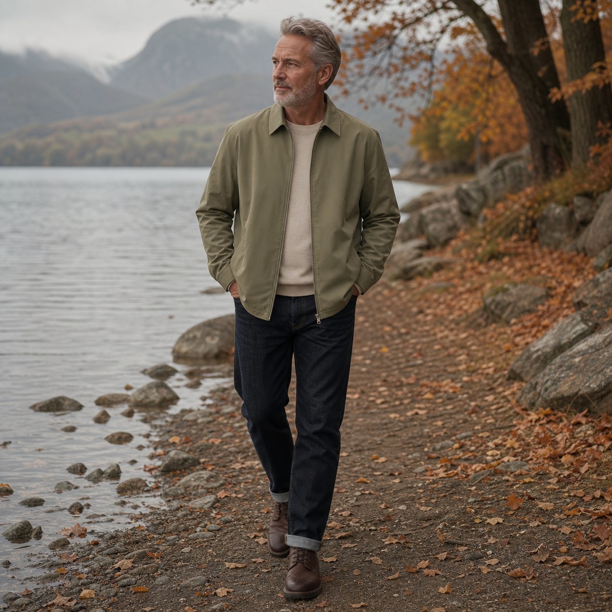 5tu0731003 olivfarbene Herren Reißverschluss Hemdjacke am See