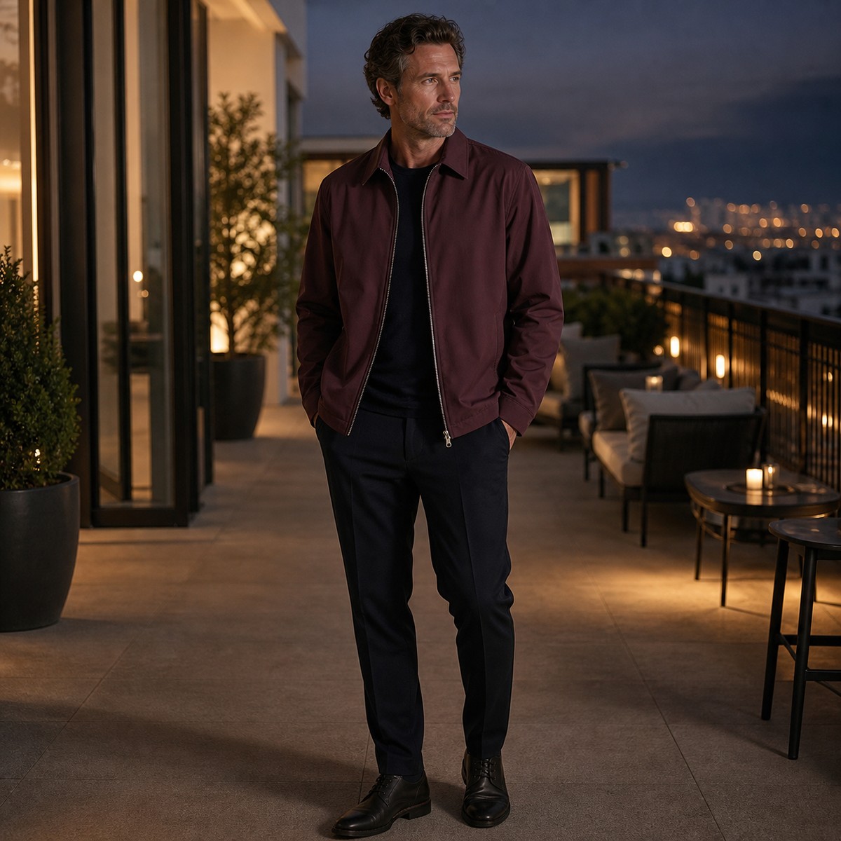 5tu0731003 burgunderrote Herren Reißverschluss Hemdjacke als Smart Casual Outfit