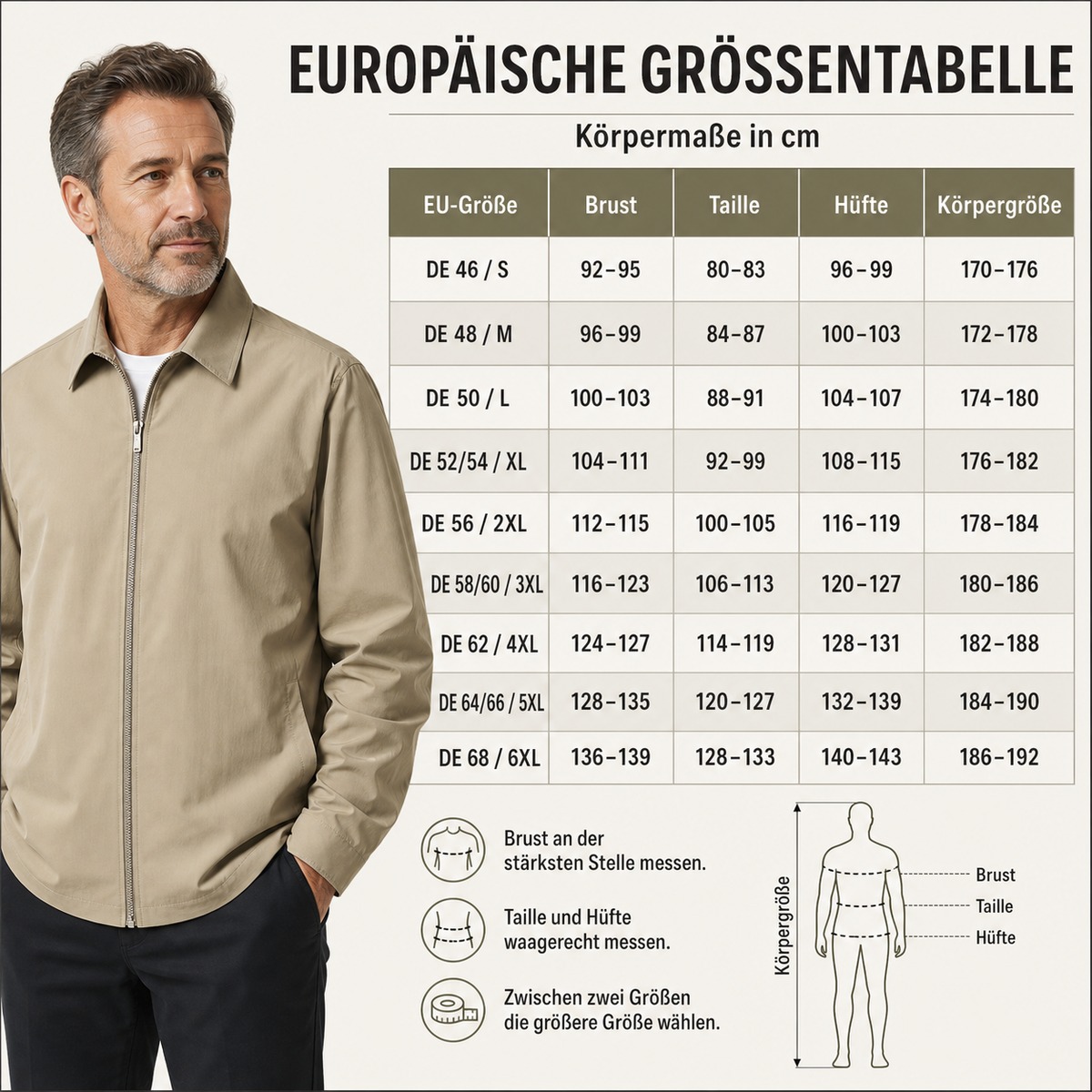 5tu0731003 europäische Herren Hemdjacken Größentabelle mit passendem Modell