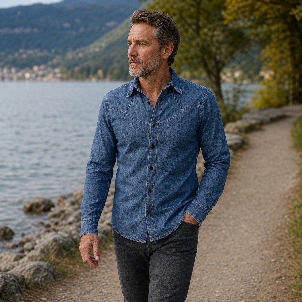 5tu0731004 olivfarbene Herren Knopfleiste Denimhemd am See