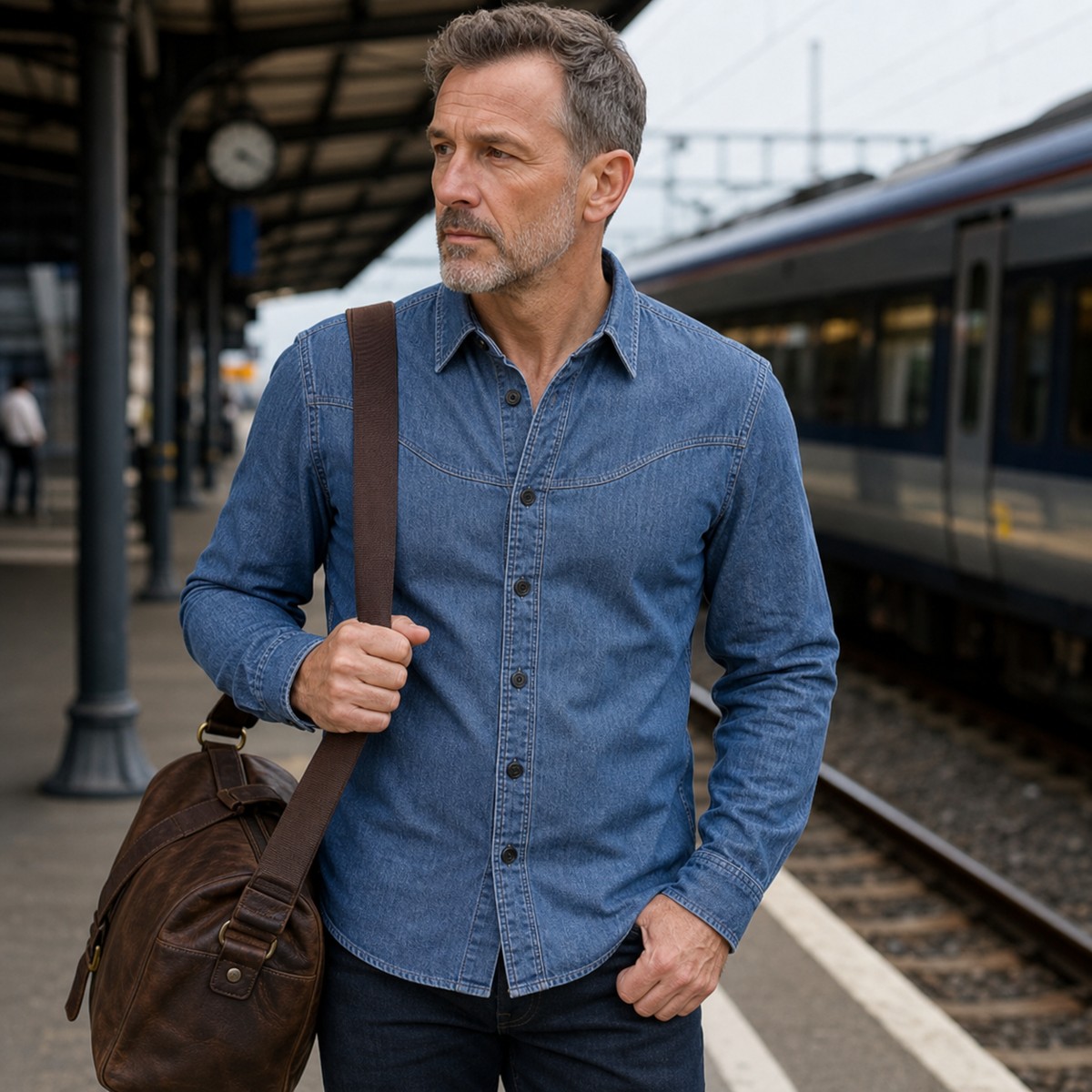 5tu0731004 khakifarbene Herren Knopfleiste Denimhemd auf Reisen