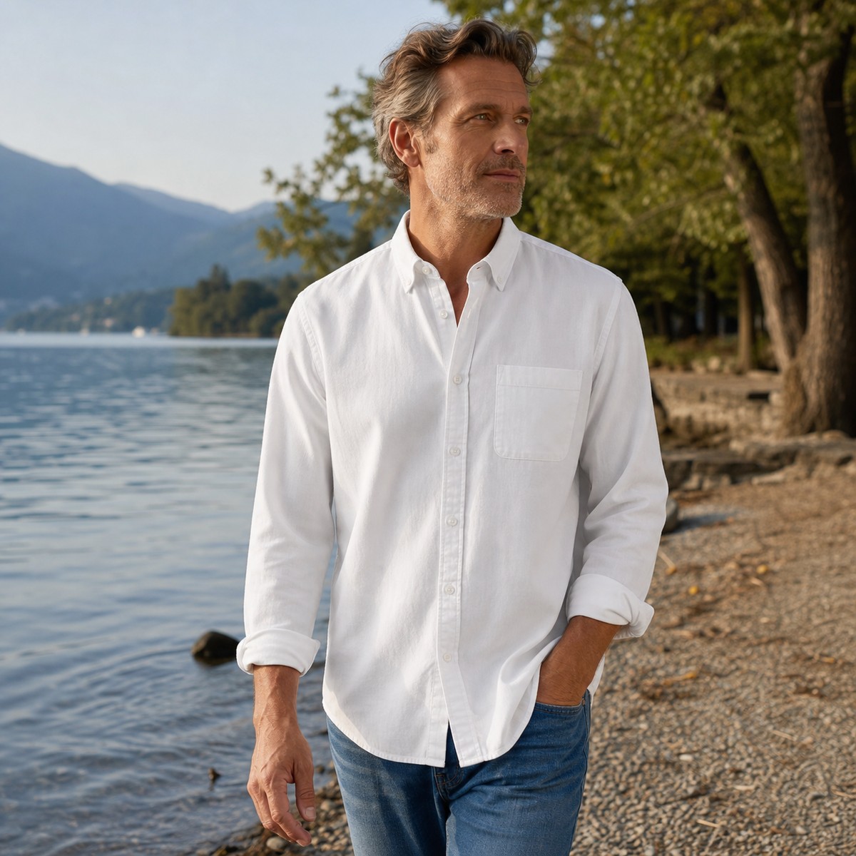 5tu0731005 olivfarbene Herren Knopfleiste Freizeithemd am See