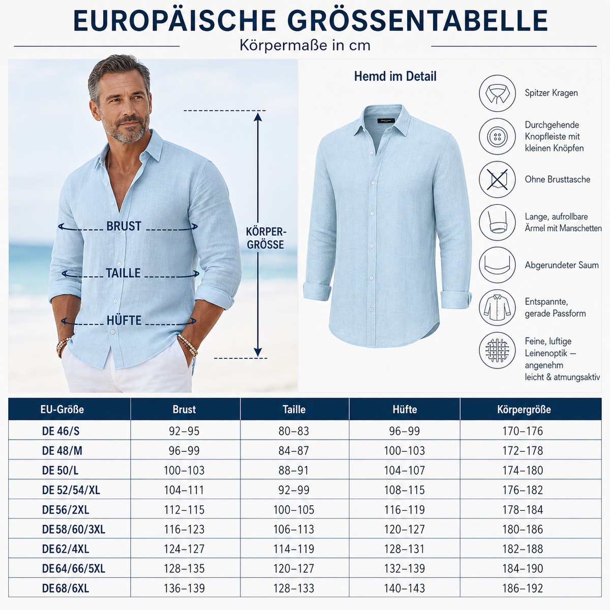 5tu0731006 europäische Herren Leinenlook-Hemdn Größentabelle mit passendem Modell