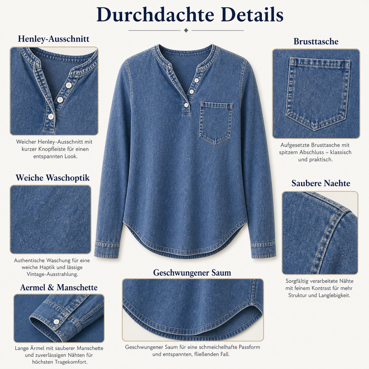 5tu0801001 Henley Ausschnitt Brusttasche Waschoptik Naehte und Saum Details
