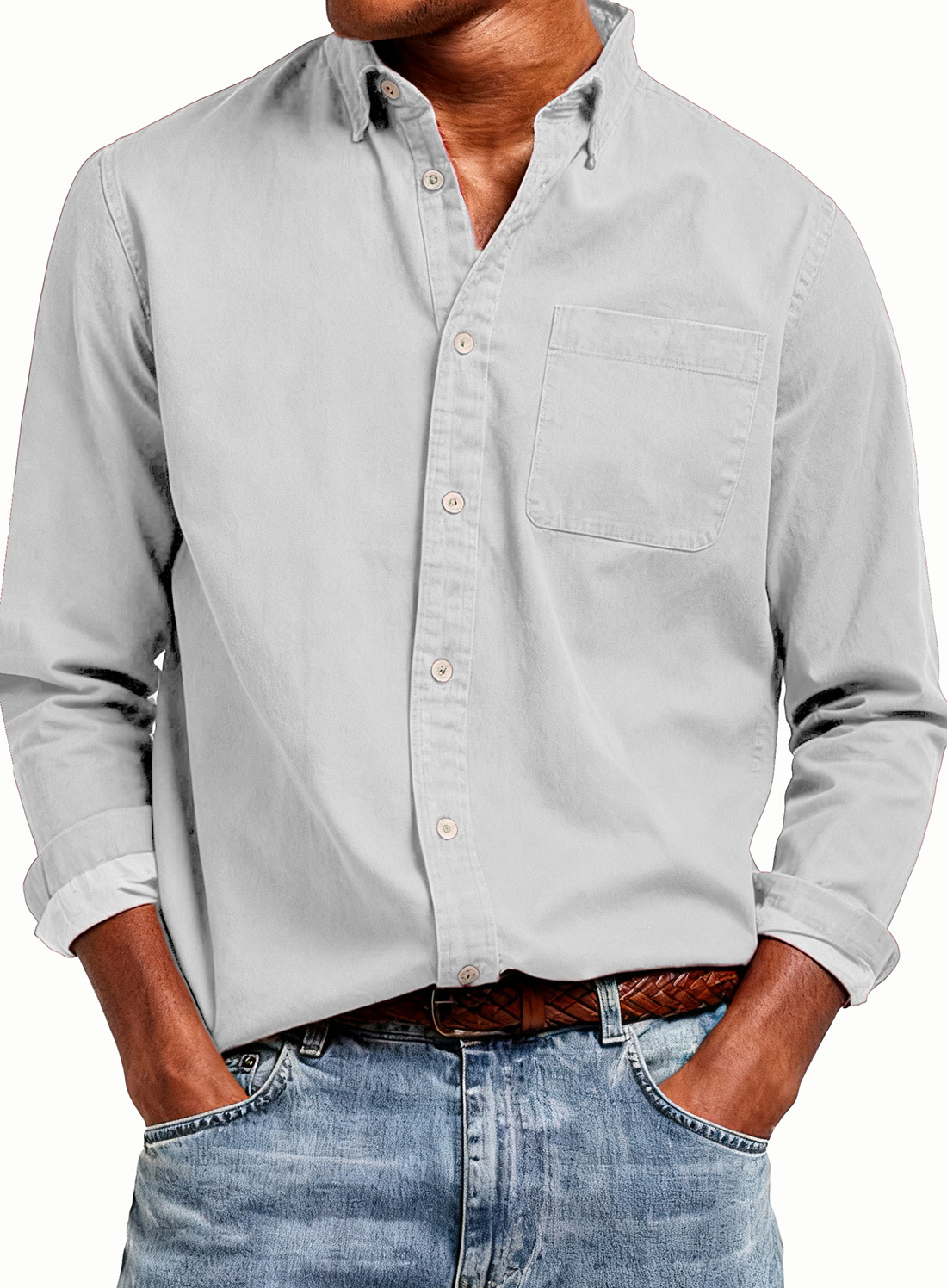 Men's Fashion Retro Pure Cotton Pocket Collar Long-Sleeve Shirt