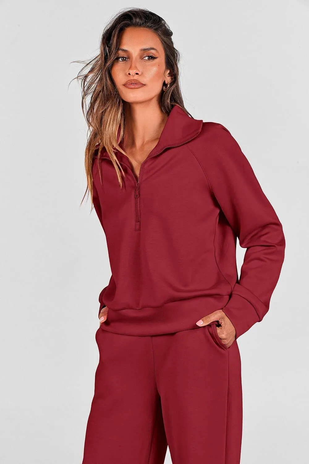 Women's 2 Piece Outfits Casual Lapel Half Zip Sweatshirts And Wide Leg Pants Tracksuit Sets