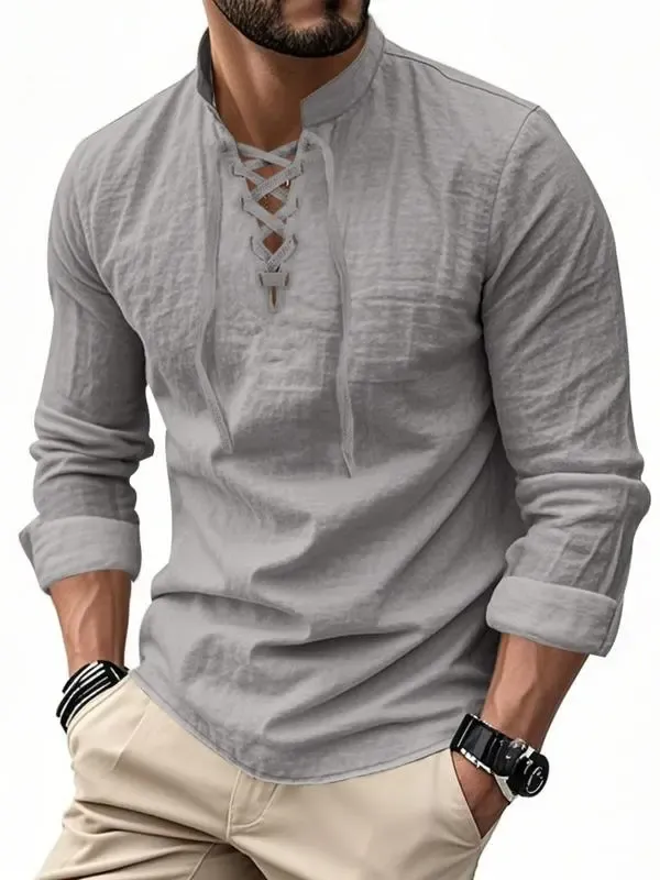Men's Linen Casual Long Sleeve Polo Shirt