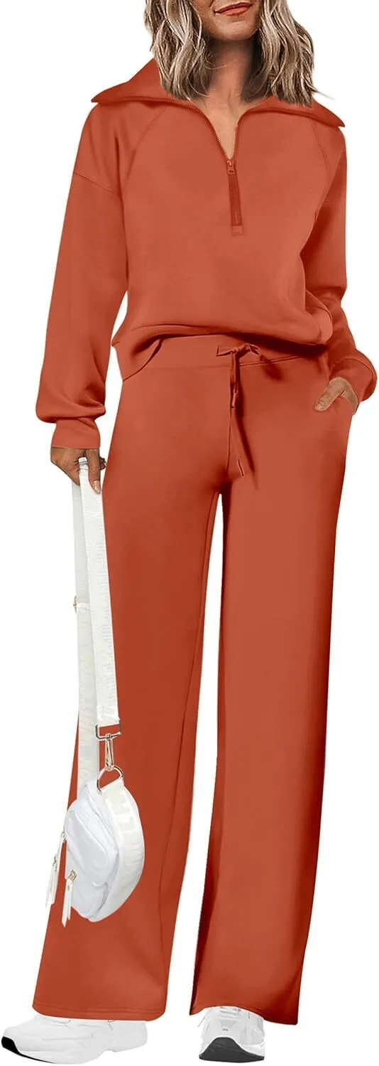 Women's 2 Piece Outfits Casual Lapel Half Zip Sweatshirts And Wide Leg Pants Tracksuit Sets