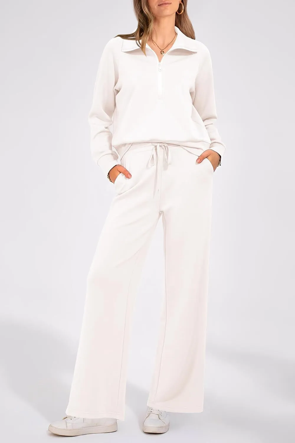 Women's 2 Piece Outfits Casual Lapel Half Zip Sweatshirts And Wide Leg Pants Tracksuit Sets