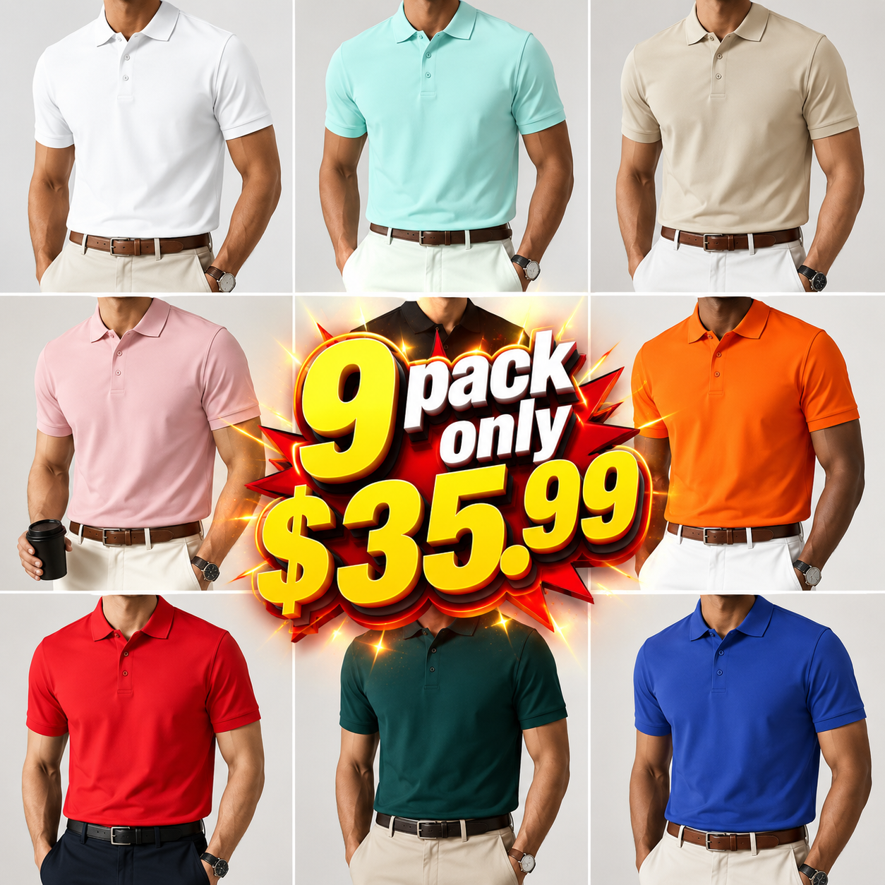 9 Pack | Men's Classic Fit LIGHT Polo Shirts