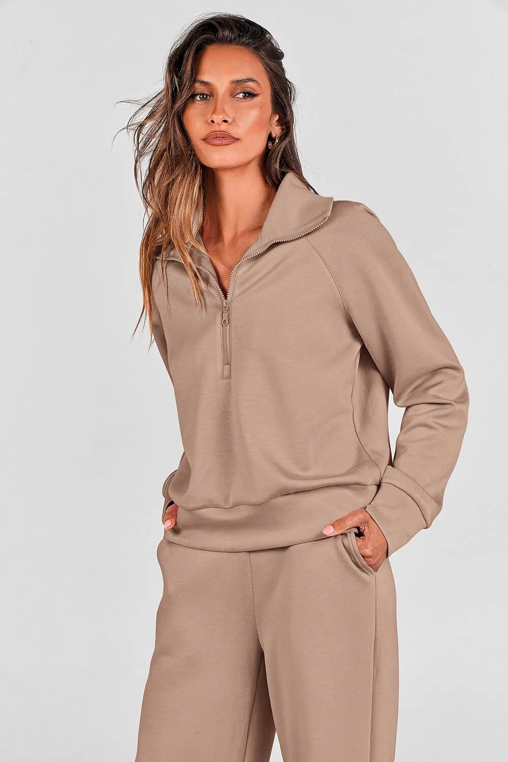 Women's 2 Piece Outfits Casual Lapel Half Zip Sweatshirts And Wide Leg Pants Tracksuit Sets