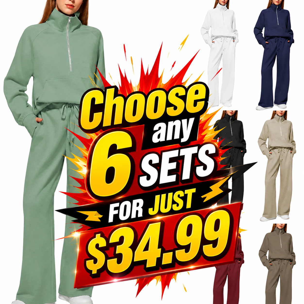 CLEARANCE SALE🔥 Women's Solid Color Cotton Half Zip Two-Piece Set