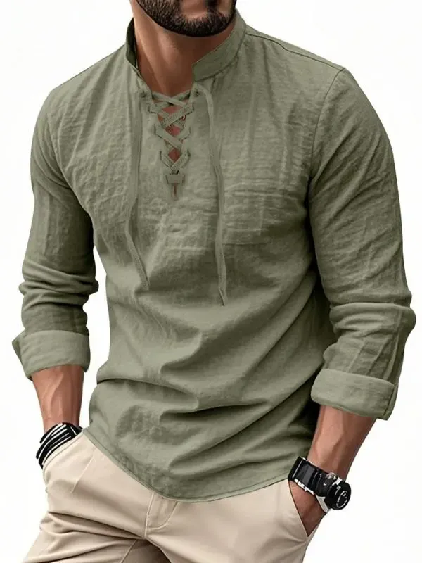 Men's Linen Casual Long Sleeve Polo Shirt