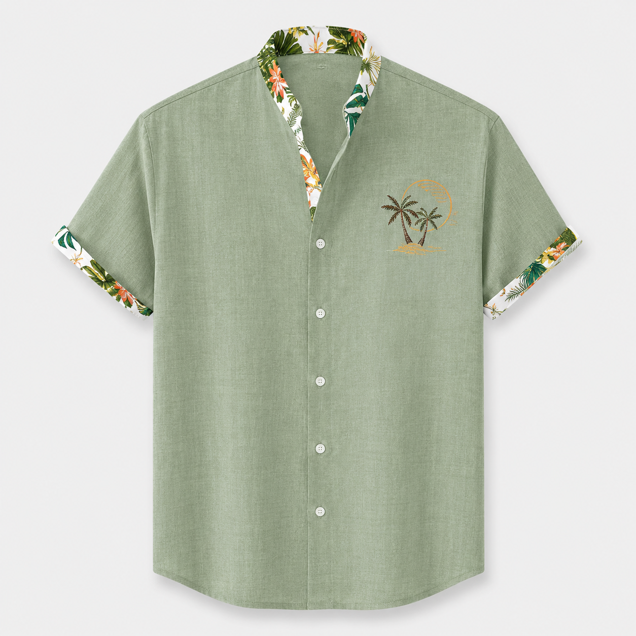 Men’s Casual Short Sleeve Button Shirt with Tropical Trim