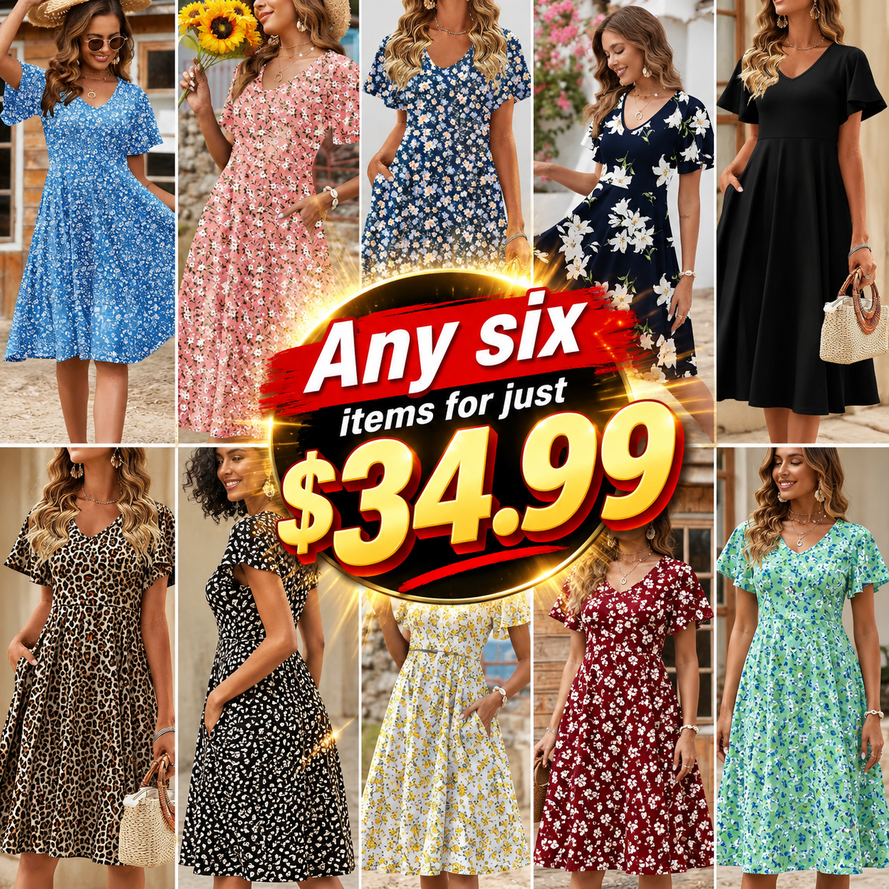 Womens Summer Dress Casual Swing Floral Ruffle Short Sleeve Sundresses Beach Mini A-Line Shift Dress
