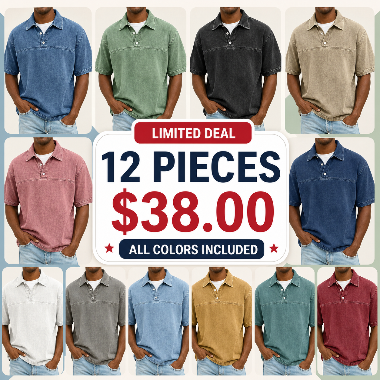 Men's Garment-Dyed Short Sleeve Henley Collar Polo Shirt