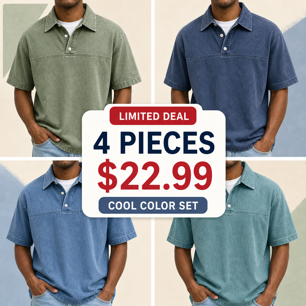 Men's Garment-Dyed Short Sleeve Henley Collar Polo Shirt