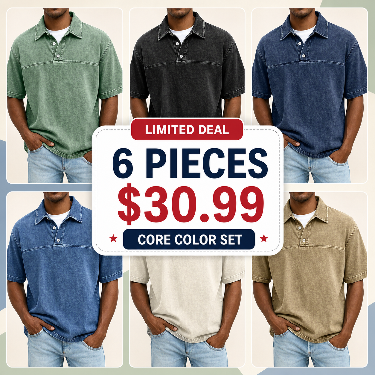 Men's Garment-Dyed Short Sleeve Henley Collar Polo Shirt