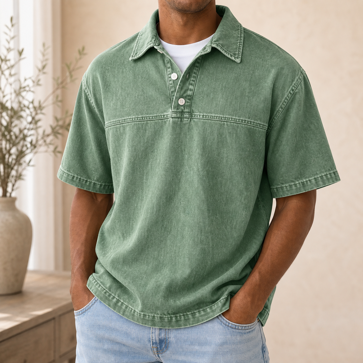 Men's washed green garment-dyed Henley collar polo shirt model wearing