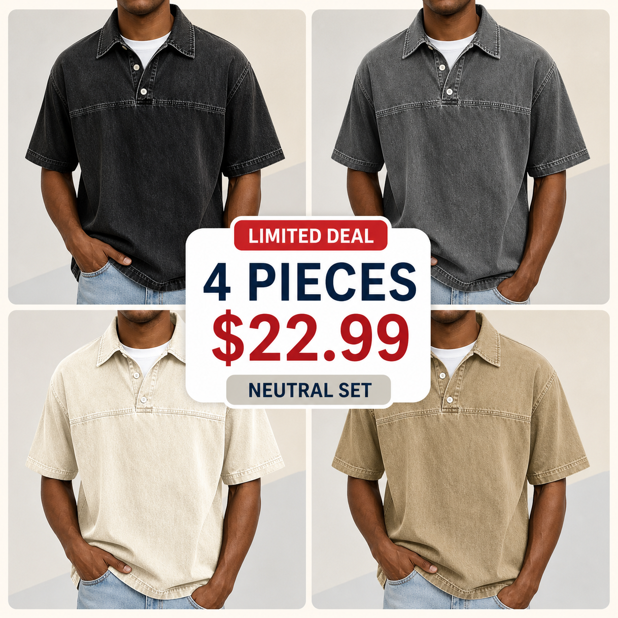 Men's Garment-Dyed Short Sleeve Henley Collar Polo Shirt
