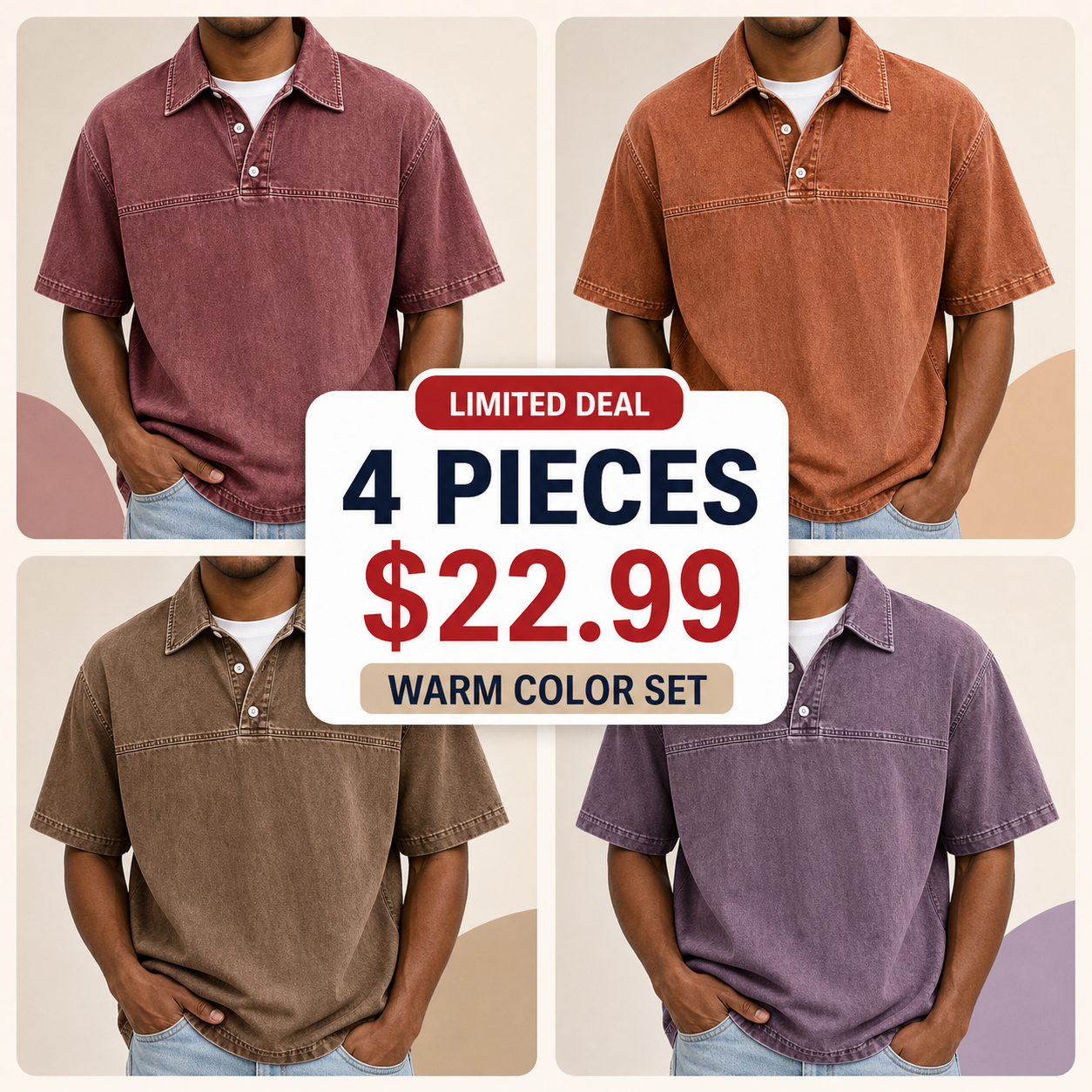 Men's Garment-Dyed Short Sleeve Henley Collar Polo Shirt