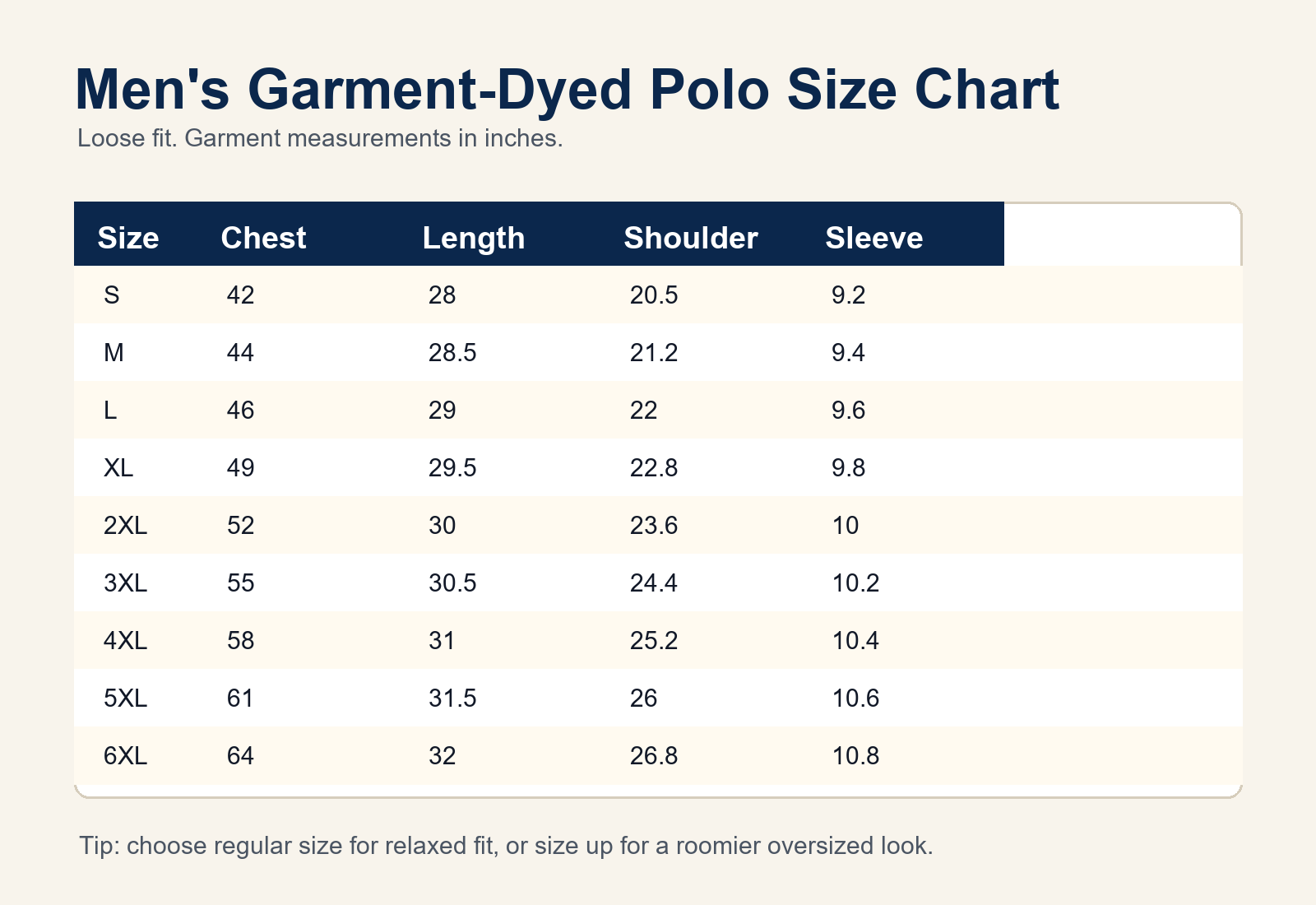Men's garment-dyed polo size chart S to 6XL
