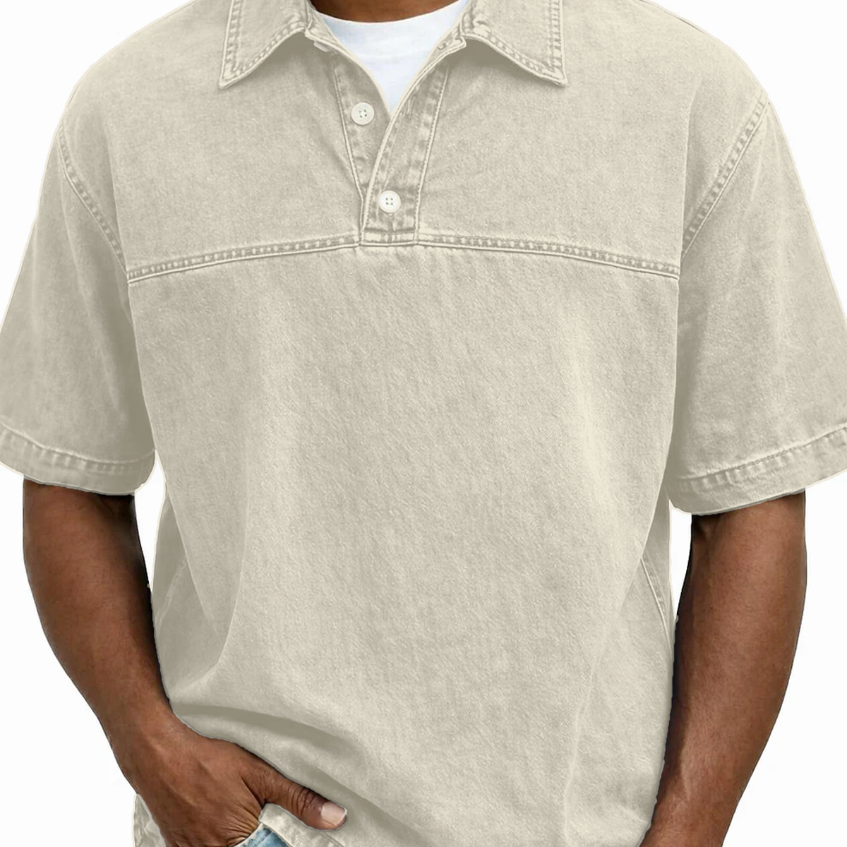 Men's Garment-Dyed Short Sleeve Henley Collar Polo Shirt