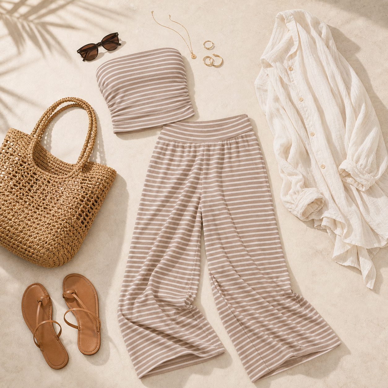 Outfit pairing for striped strapless top and wide-leg pants set