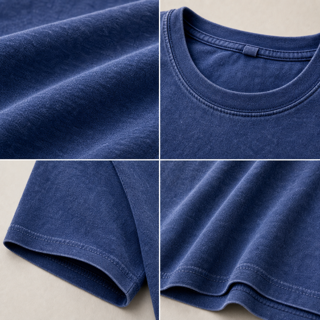 Garment-dyed cotton T-shirt neckline fabric and hem details