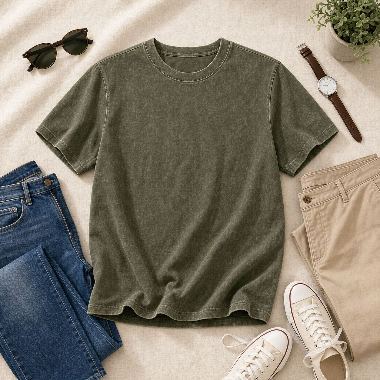 Garment-dyed crewneck T-shirt outfit pairing flat lay