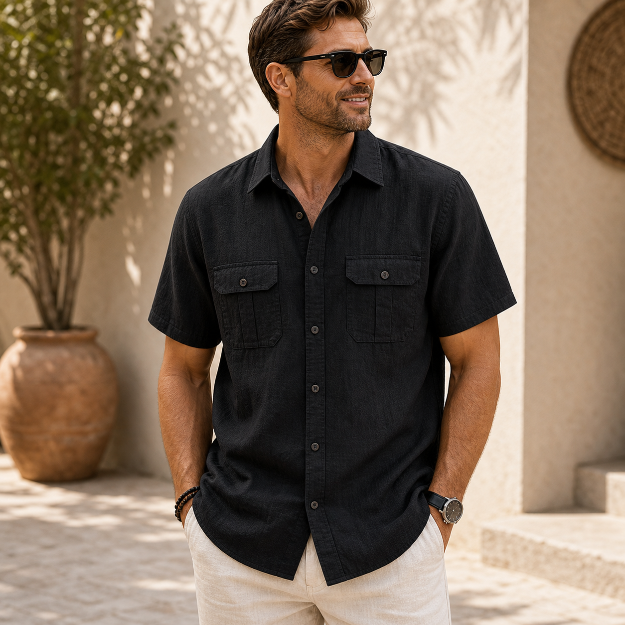 Men's Short Sleeve Linen-Blend Utility Shirt