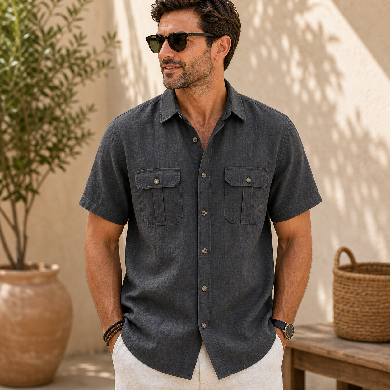 Men's Short Sleeve Linen-Blend Utility Shirt