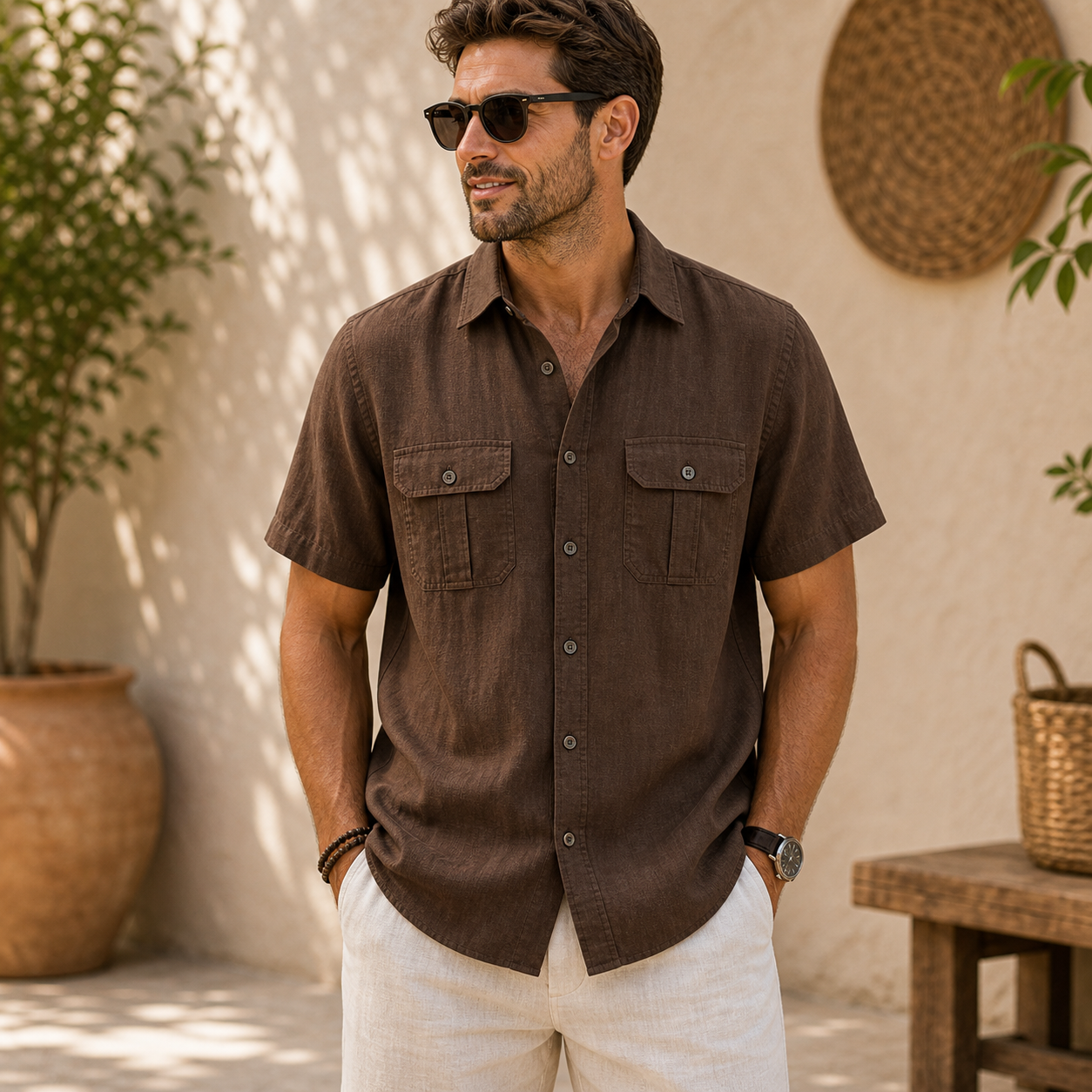 Men's Short Sleeve Linen-Blend Utility Shirt